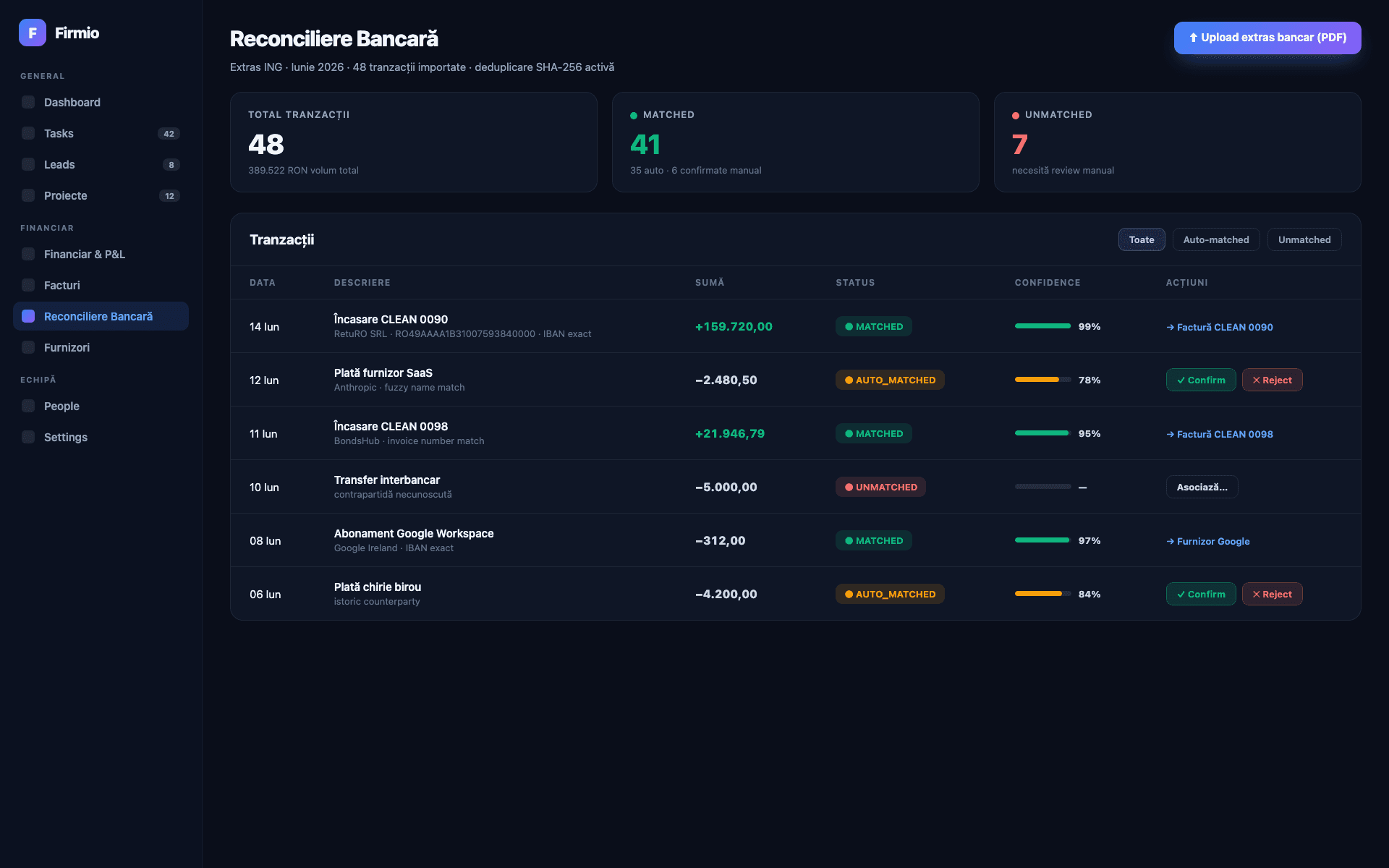 Upload extras bancar. AI-ul potrivește tranzacțiile automat.