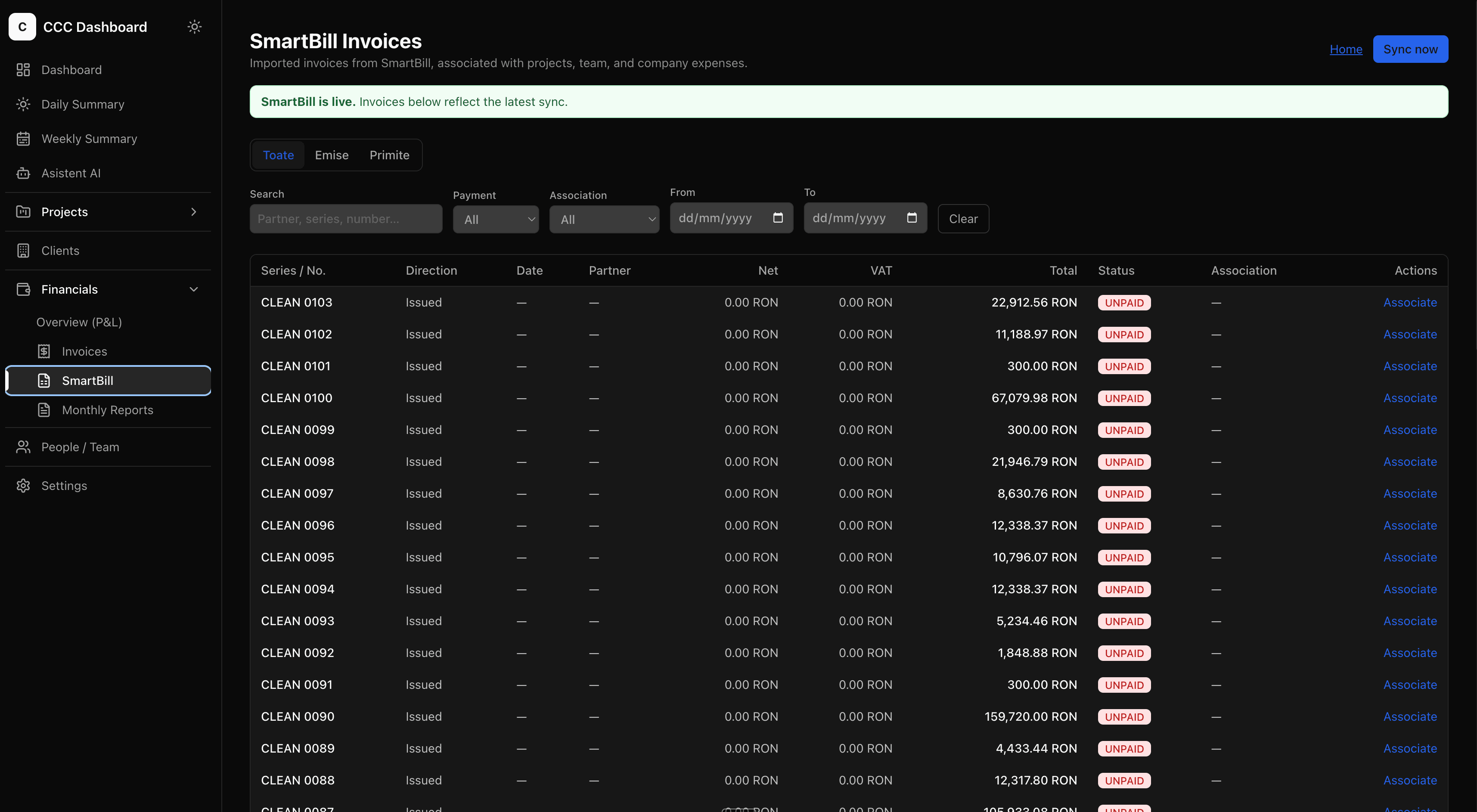 SmartBill invoices integration - facturi sincronizate cu tracking plati